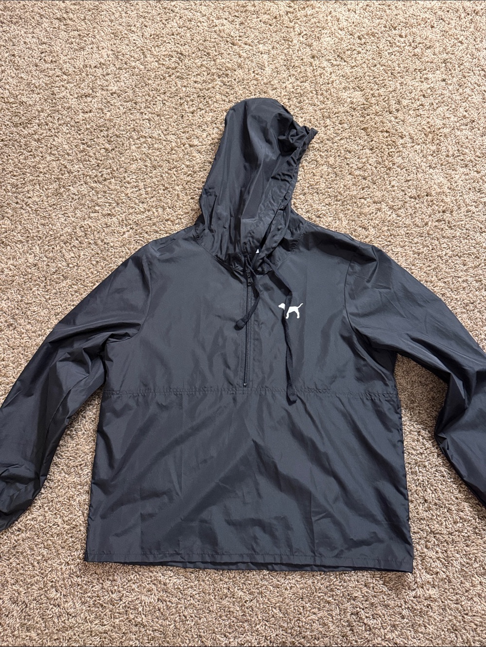 PINK Victoria's Secret Black Hooded Windbreaker with White Dog Logo